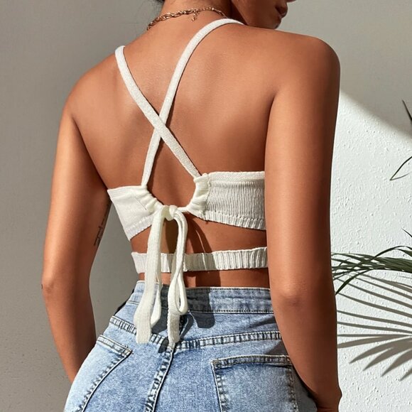 White Criss Cross Back Tie Backless Knit Crop Top | Small - Picture 1 of 4